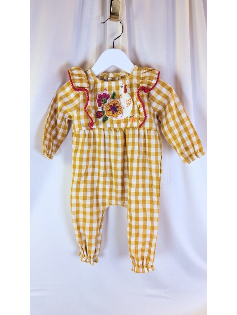 Mud Pie Mustard Gingham Turkey One-Piece Baby Girl 3-6 Months Applique Ruffles